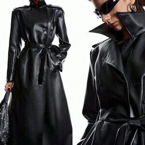 Black Elegant Women's Long Sleeve faux leather Belted Trench Coat